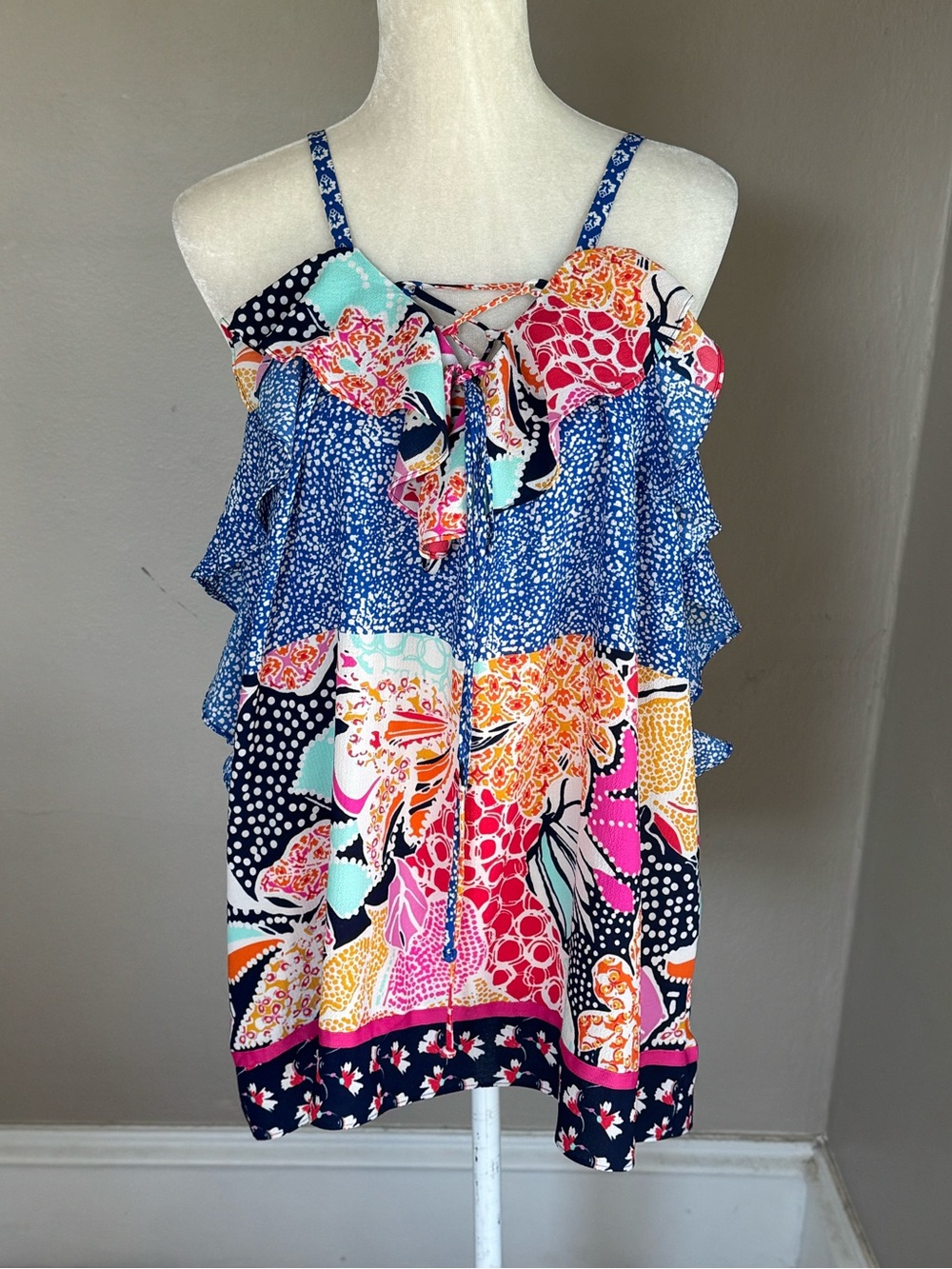 NY Collection Multi-Color Printed Ruffle Tank Top - Picture 2 of 9